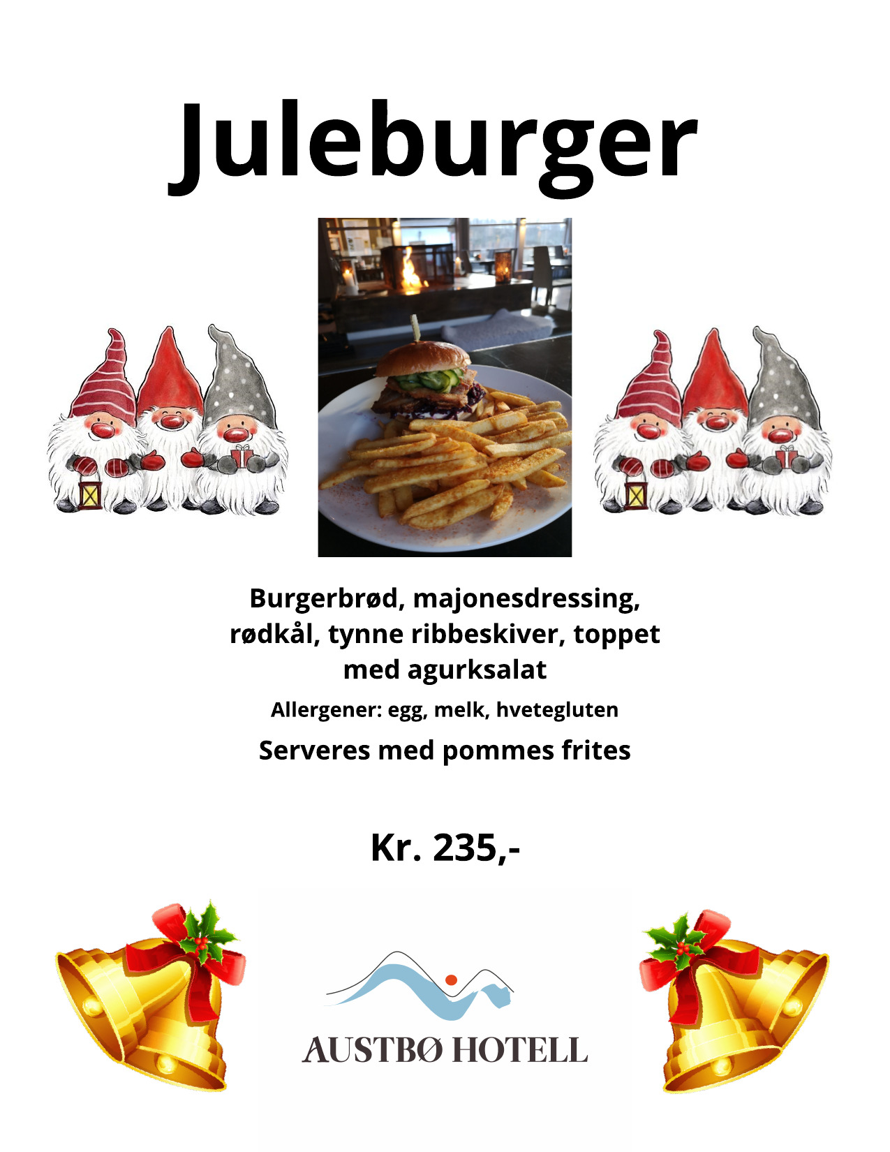 Juleburger fra Austbø Hotell med pommes frites, servert med ribbeskiver og agurksalat. Allergen: egg, melk, gluten.
