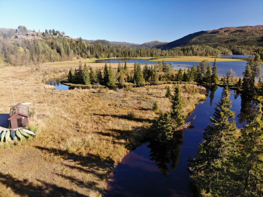 Naturlandskap med innsjø, skog og hytte under klar blå himmel i Norge.
