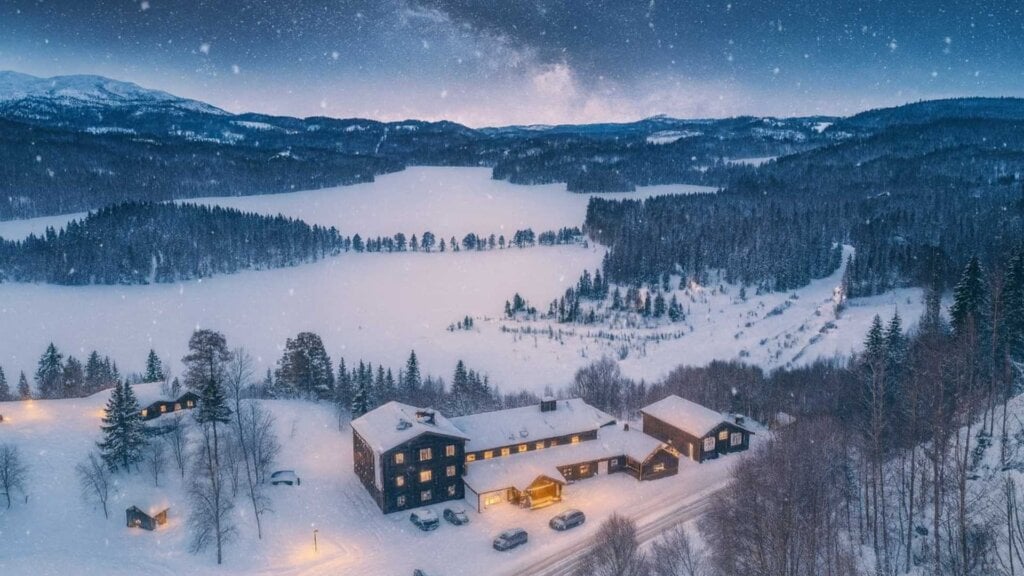 Vinterlandskap med snødekte fjell og opplyste hytter om natten i norsk natur.