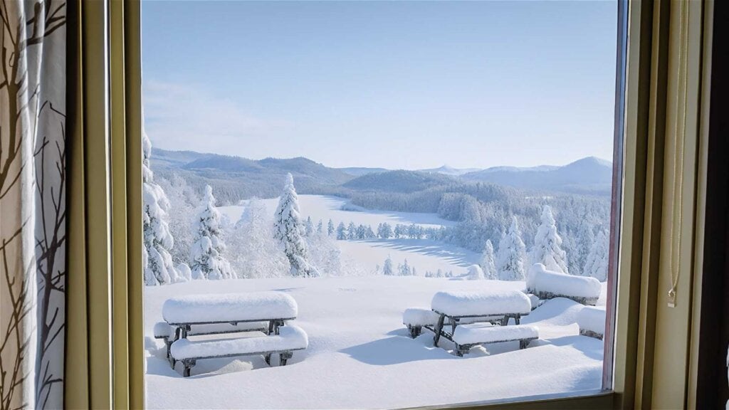 Utsikt fra vindu: Snødekt landskap med trær, benker og fjell i bakgrunnen, vinterdag.