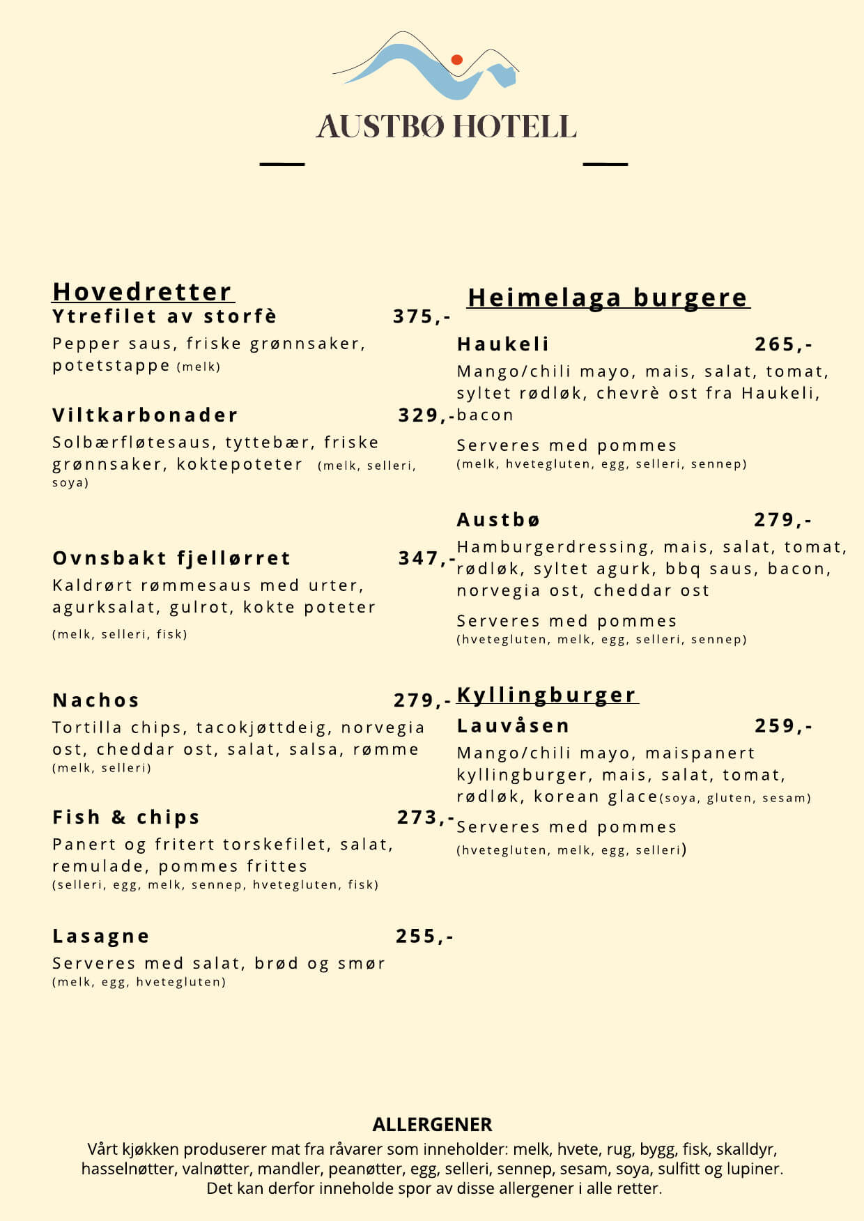 Meny fra Austbø Hotell med hovedretter som ytrefilet av storfê, vilkarbonader, burgere, nachos og lasagne.