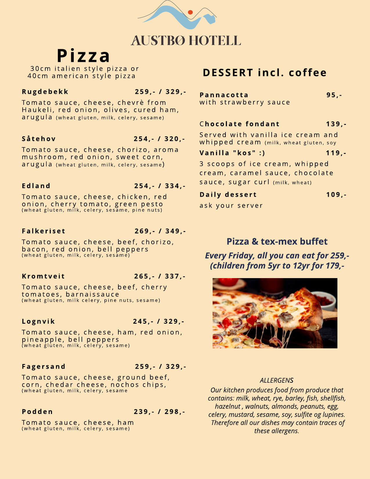 Meny fra Austbø Hotell med pizza- og dessertutvalg, inkluderer allergeninfo og tilbud om tex-mex buffet hver fredag.