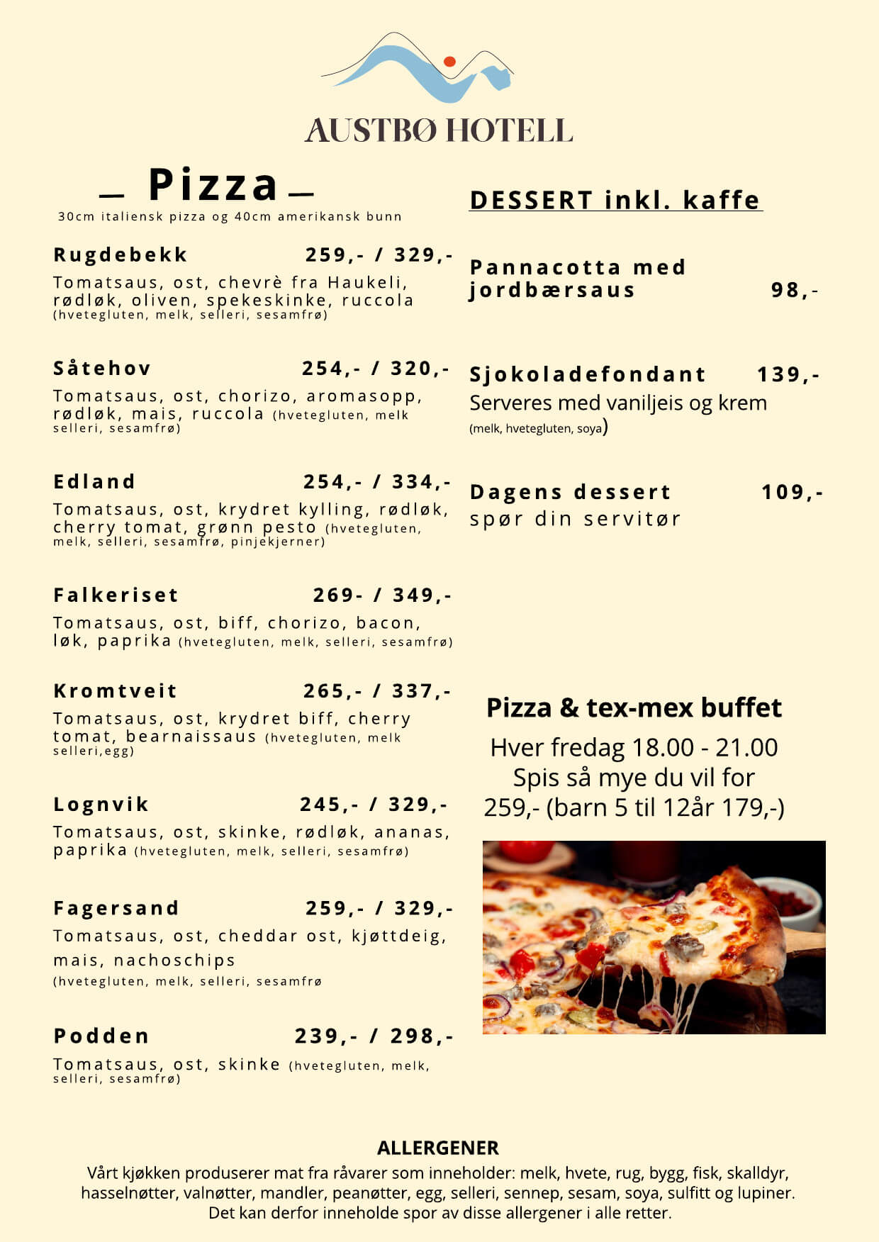 Meny fra Austbø Hotell med pizzaer og desserter, inkludert allergiinformasjon og buffetdetaljer.