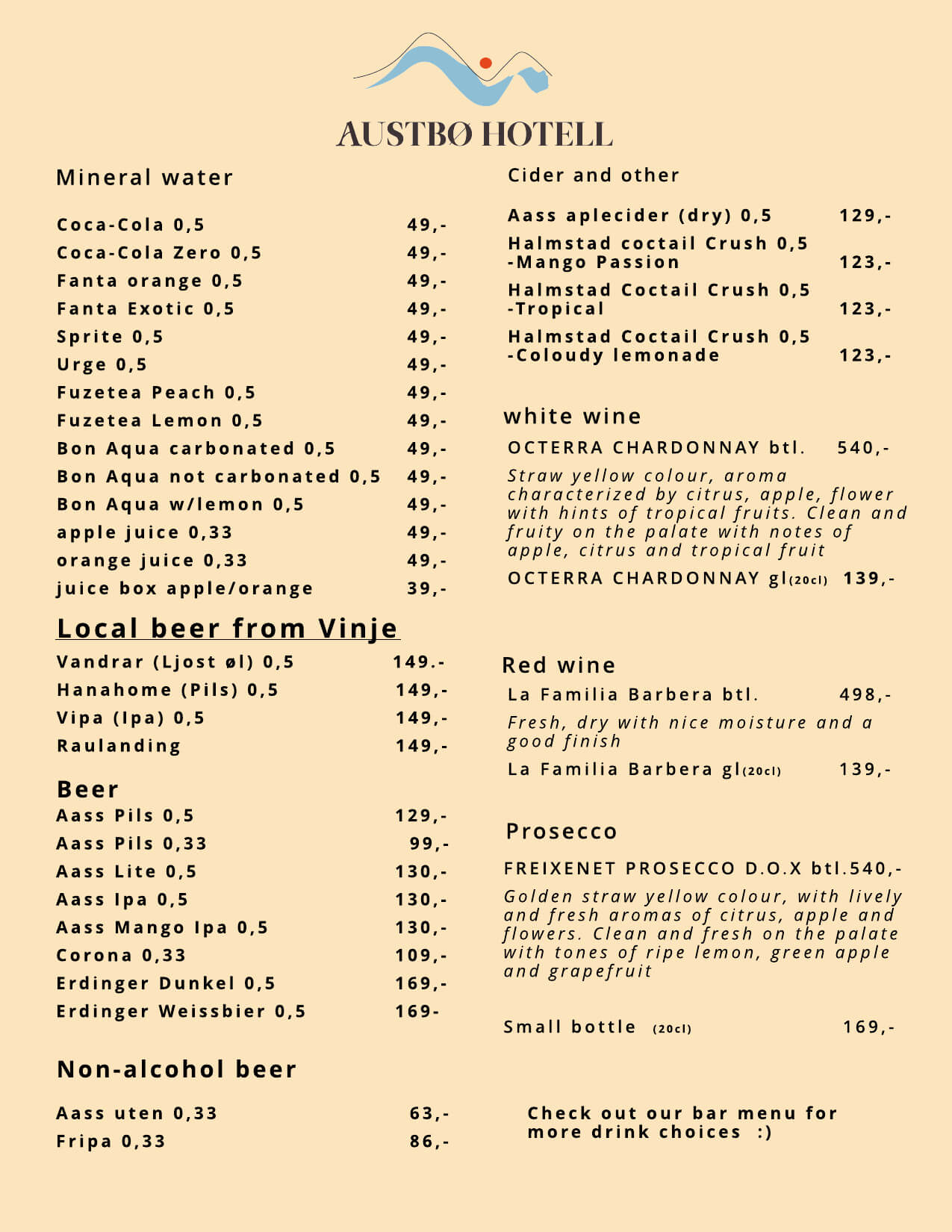 Austbø Hotell drikkemeny med mineralvann, lokal øl, cider, vin, prosecco, og alkoholfritt alternativ.