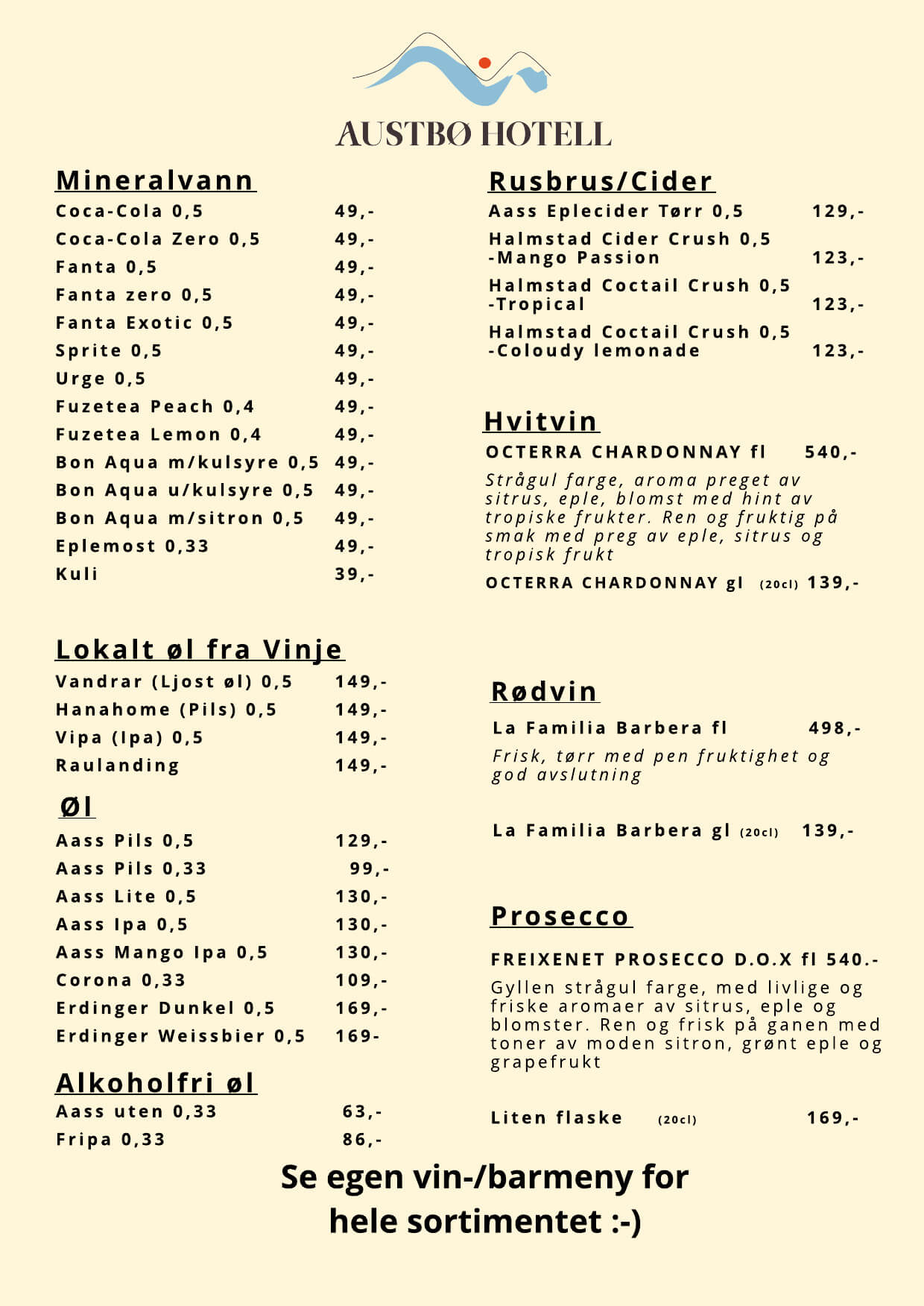 Drikkemeny hos Austbø Hotell med mineralvann, øl, vin og prosecco. Sortiment inkluderer lokale og internasjonale merker.
