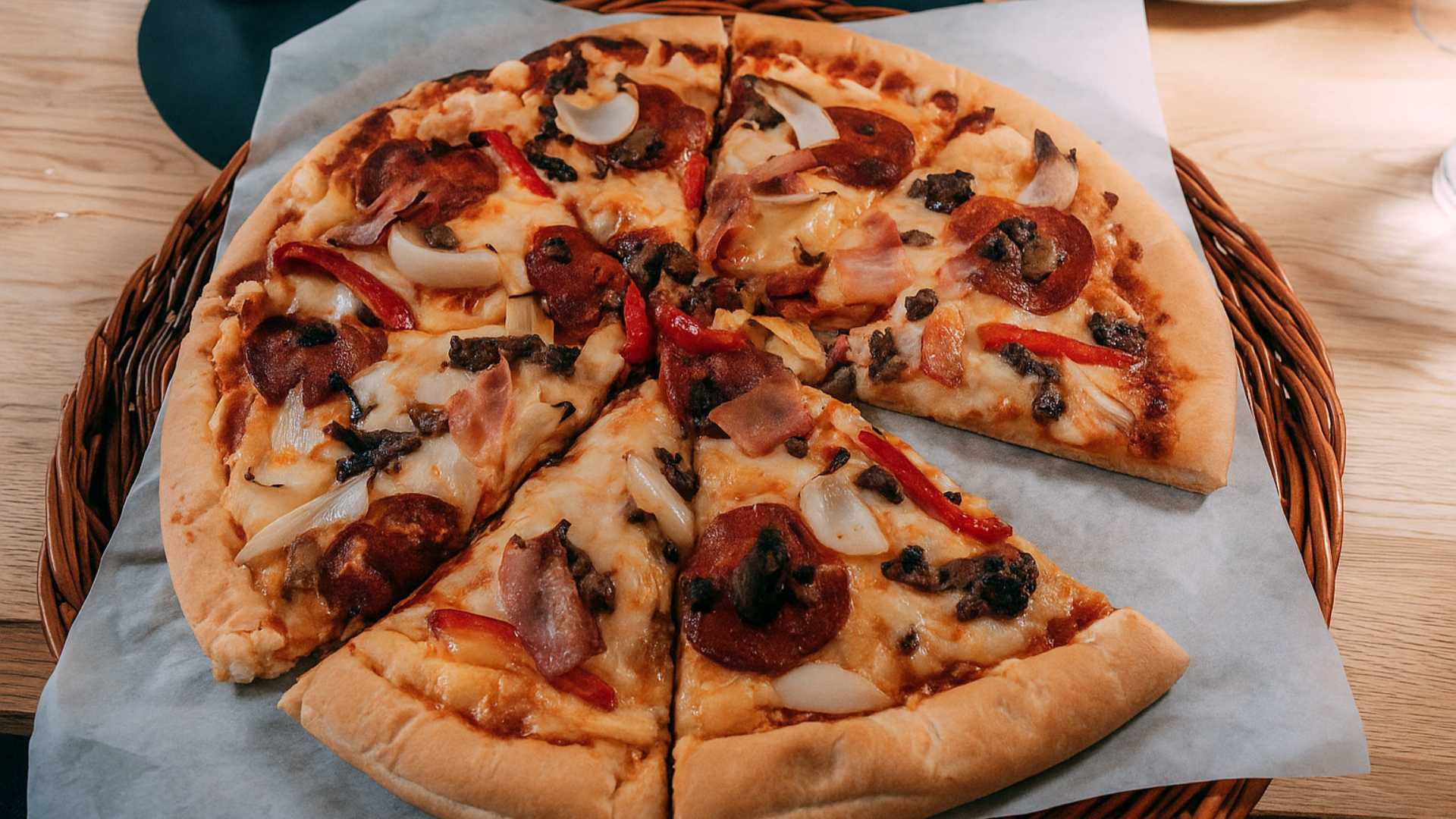 Pizza med pepperoni, løk og paprika servert på bordet. Fristende og deilig pizzaopplevelse.