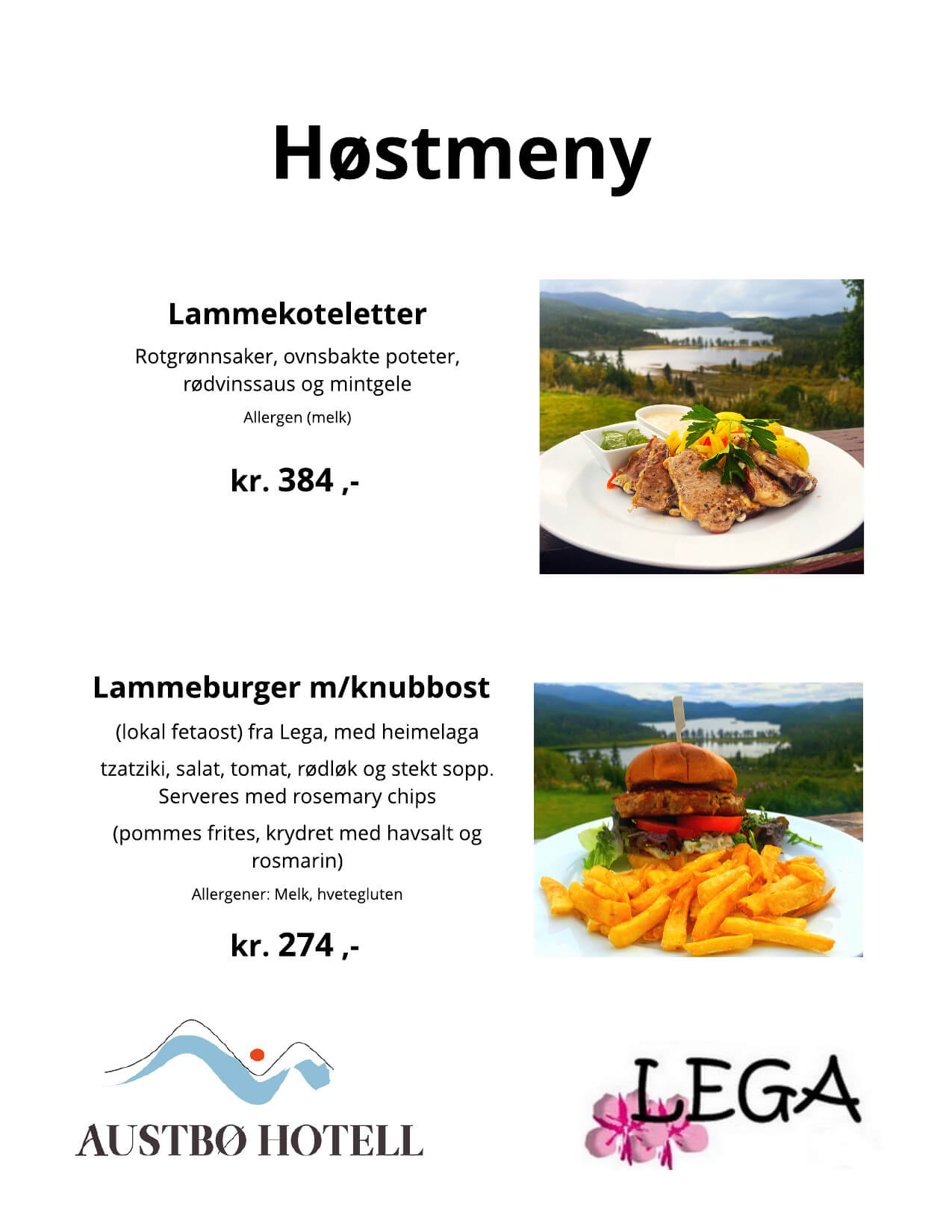 Høstmeny fra Austbø Hotell med lammekoteletter og lammeburger, pris, allergener, naturutsikt og restaurantlogoer.