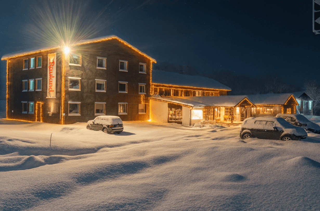 Snødekt bygning opplyst av julelys om natten, biler parkert utenfor.