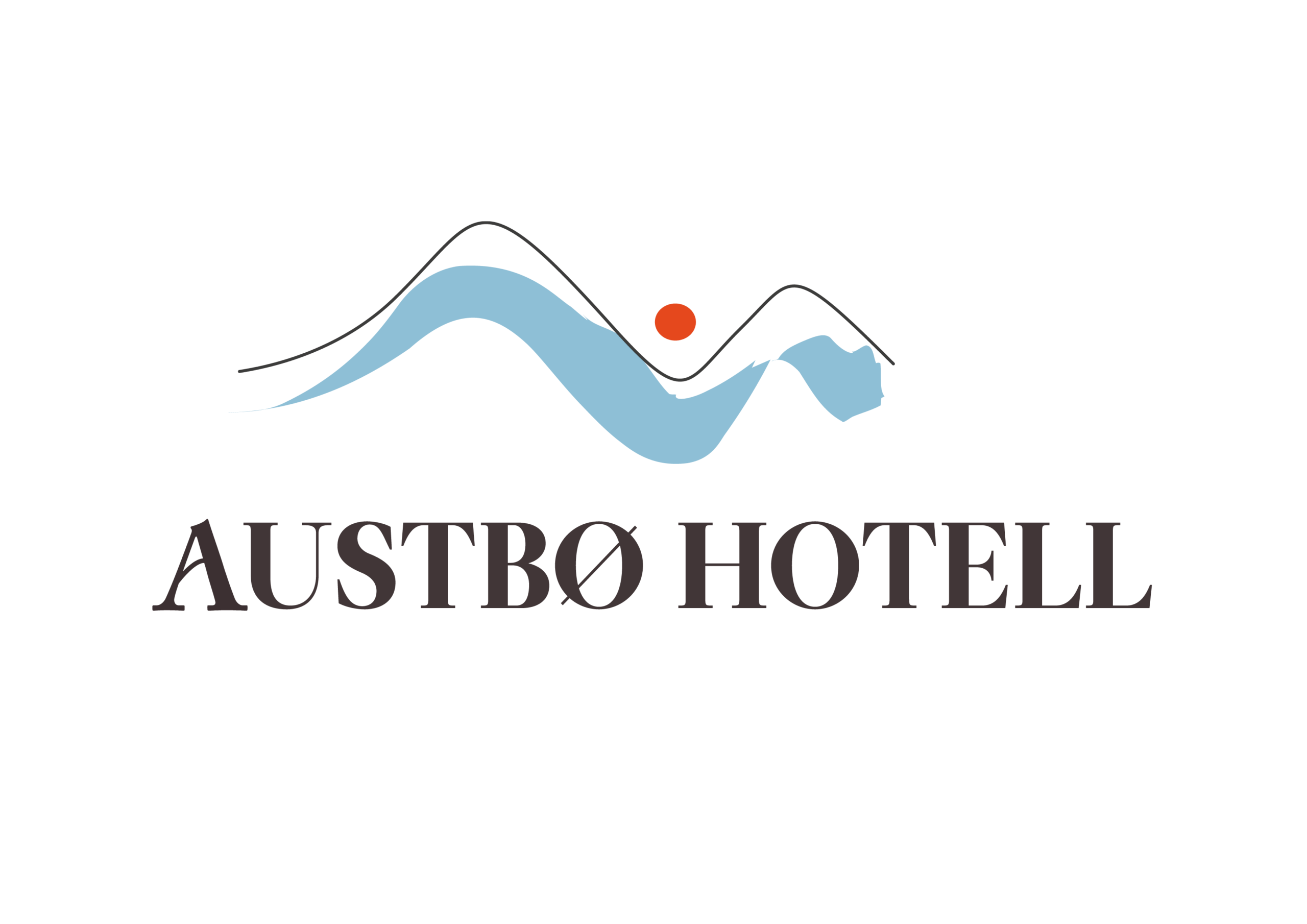 Logo Austbø Hotell med bølgete blå form og oransje sirkel på hvit bakgrunn.