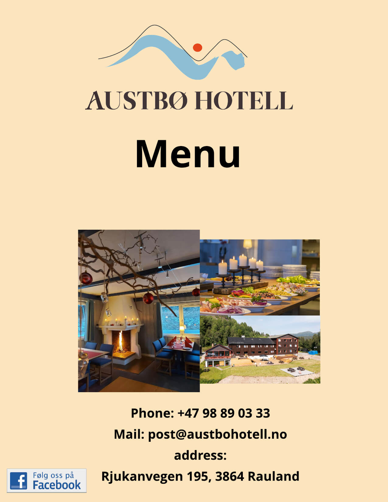 Austbø Hotell meny med kontaktinfo og bilder av interiør, buffet og hotellfasade i Rauland, Norge.