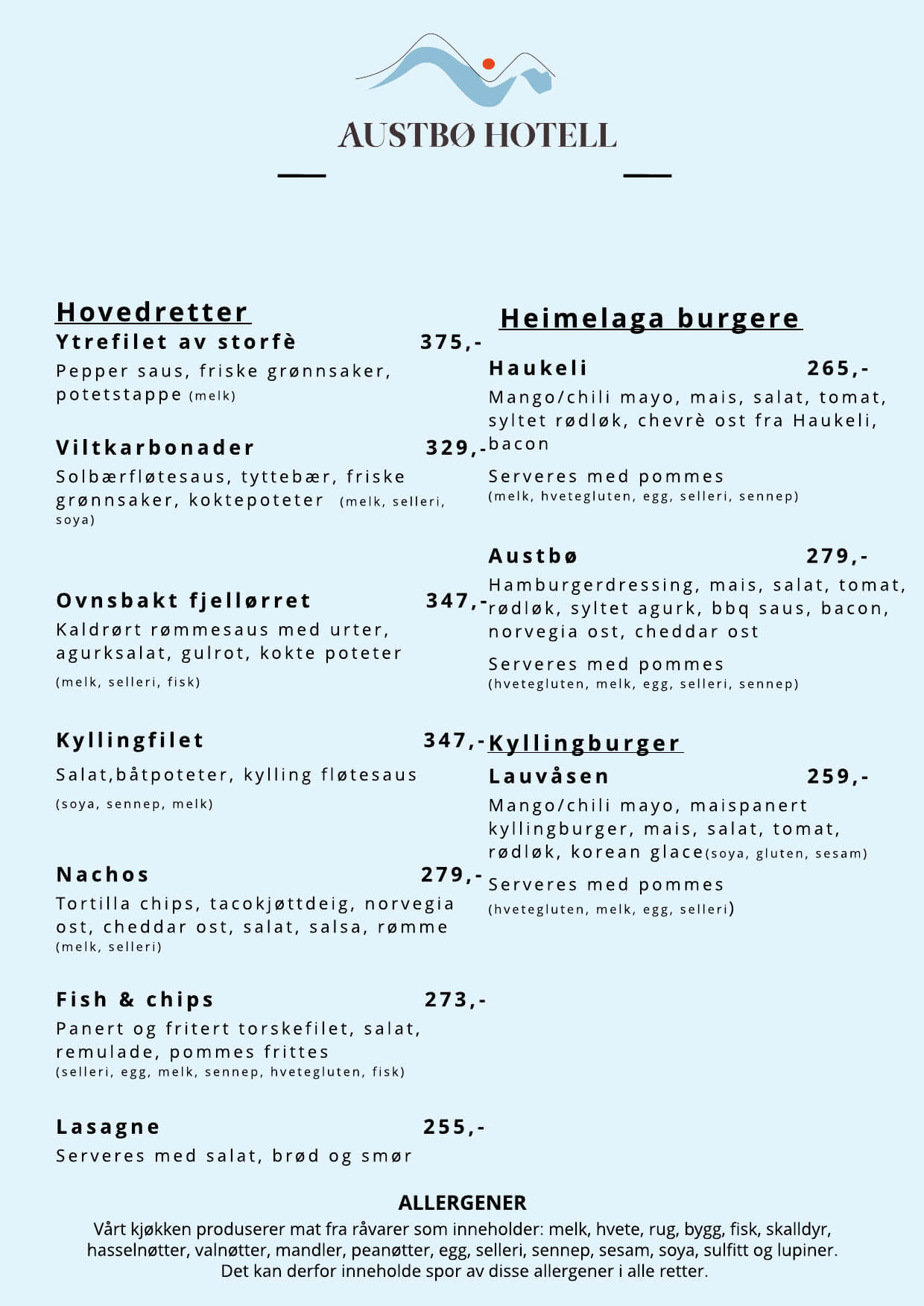 Meny på Austbø Hotell: Hovedretter, heimelaga burgere, allergener. Inkludert biff, fjellørret, nachos, kylling.