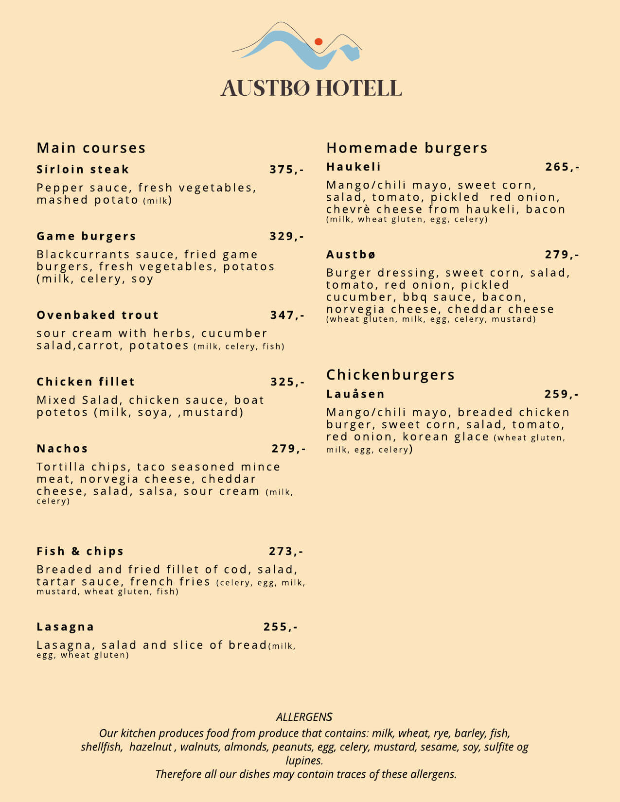 Austbø Hotell meny med hovedretter og burgere, inkludert allergeninformasjon.