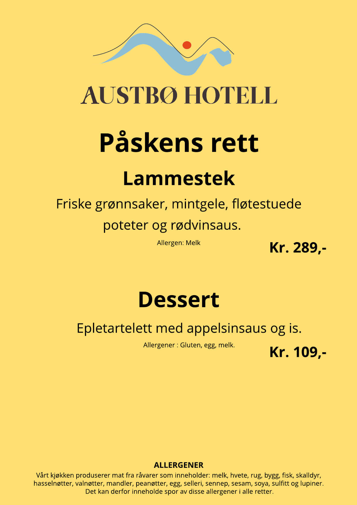Alt-tekst: Meny med påskens lammerett og dessert fra Austbø Hotell, allergener og priser inkludert.