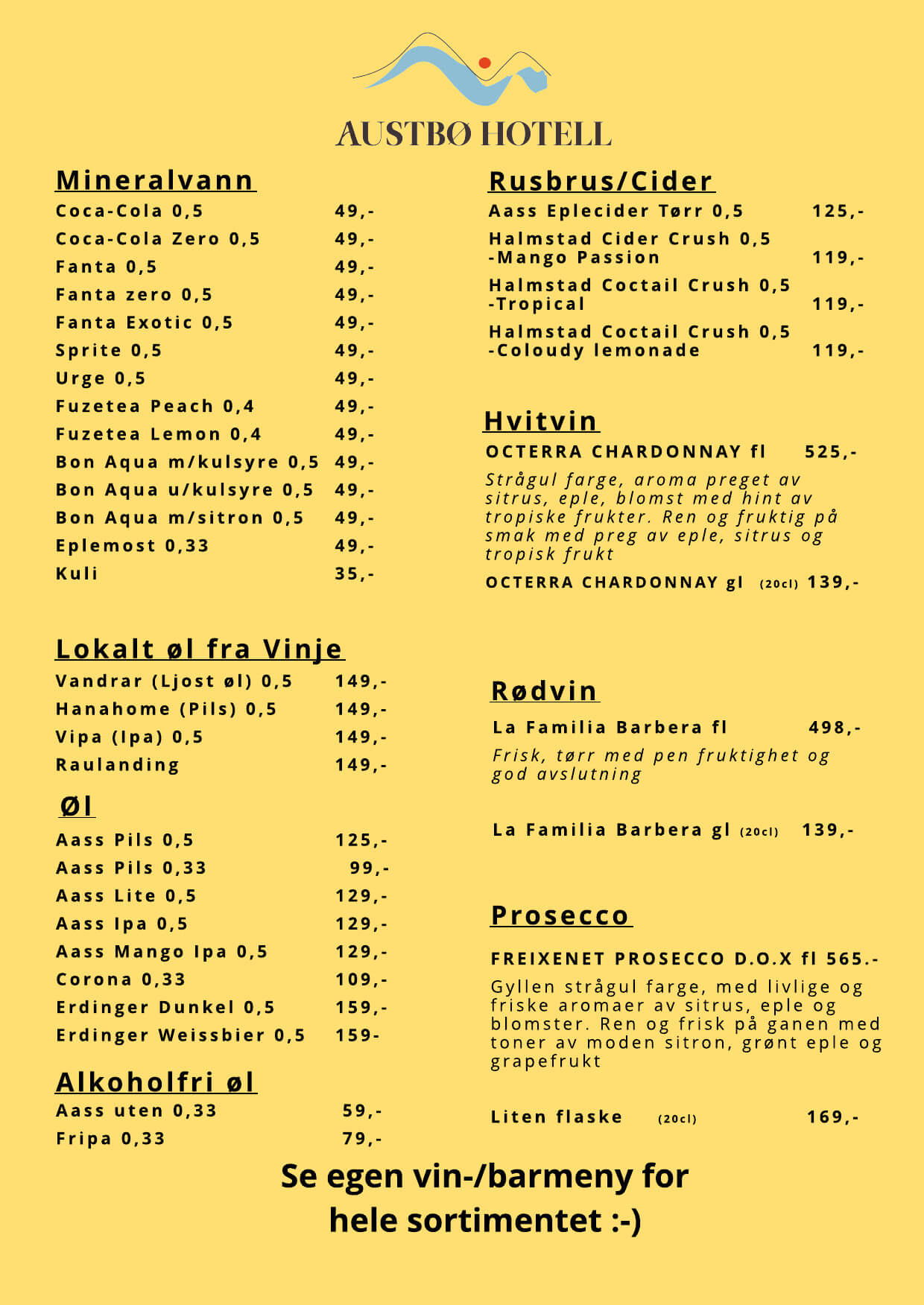 Alt-tekst: Drikke- og vinmeny fra Austbø Hotell med priser og varianter av mineralvann, øl, cider, vin og alkoholfrie alternativer.