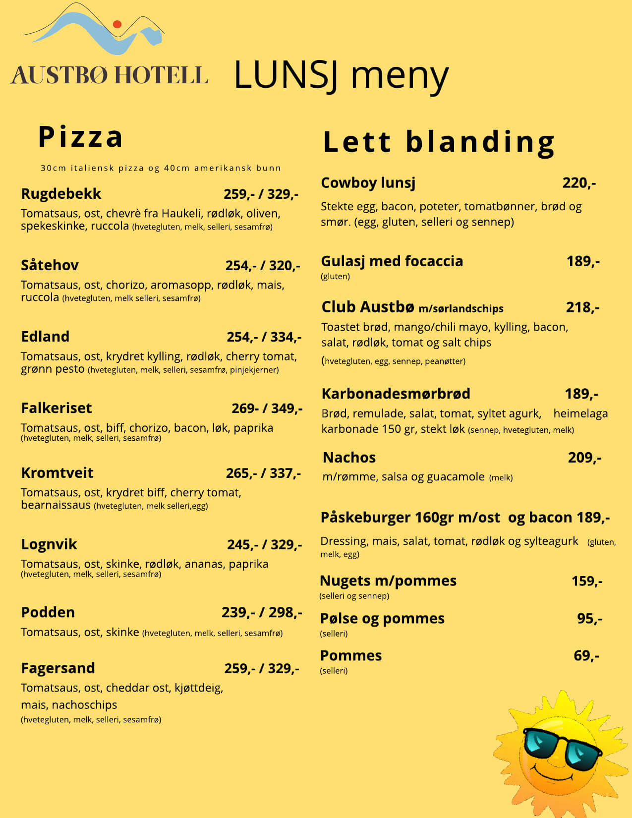 Alt-tekst: Meny for lunsj på Austbø Hotell, inkludert pizzaer og lette retter med priser.