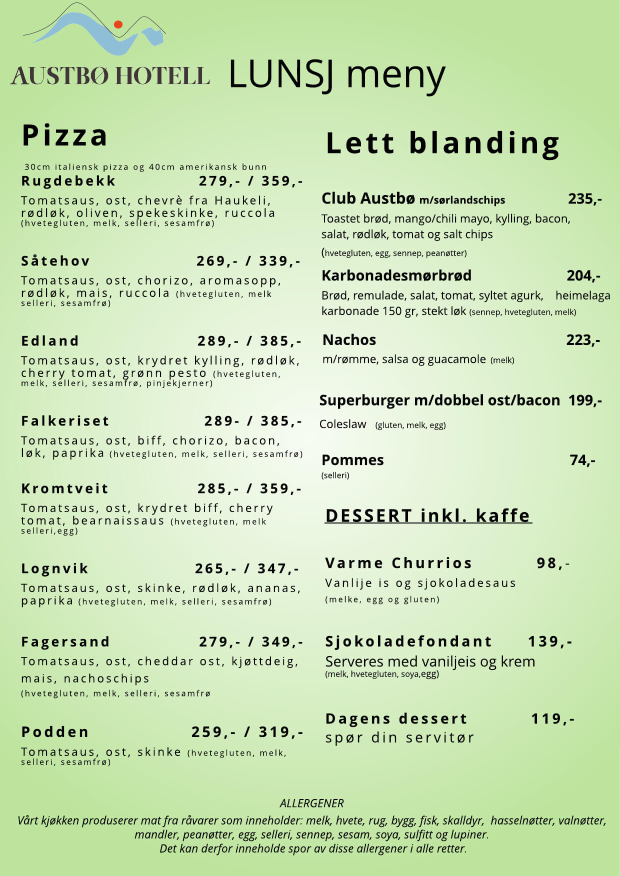 Alt-tekst: Lunsjmeny fra Austbø Hotell med ulike pizza- og lettretter, inkludert allergener og priser.
