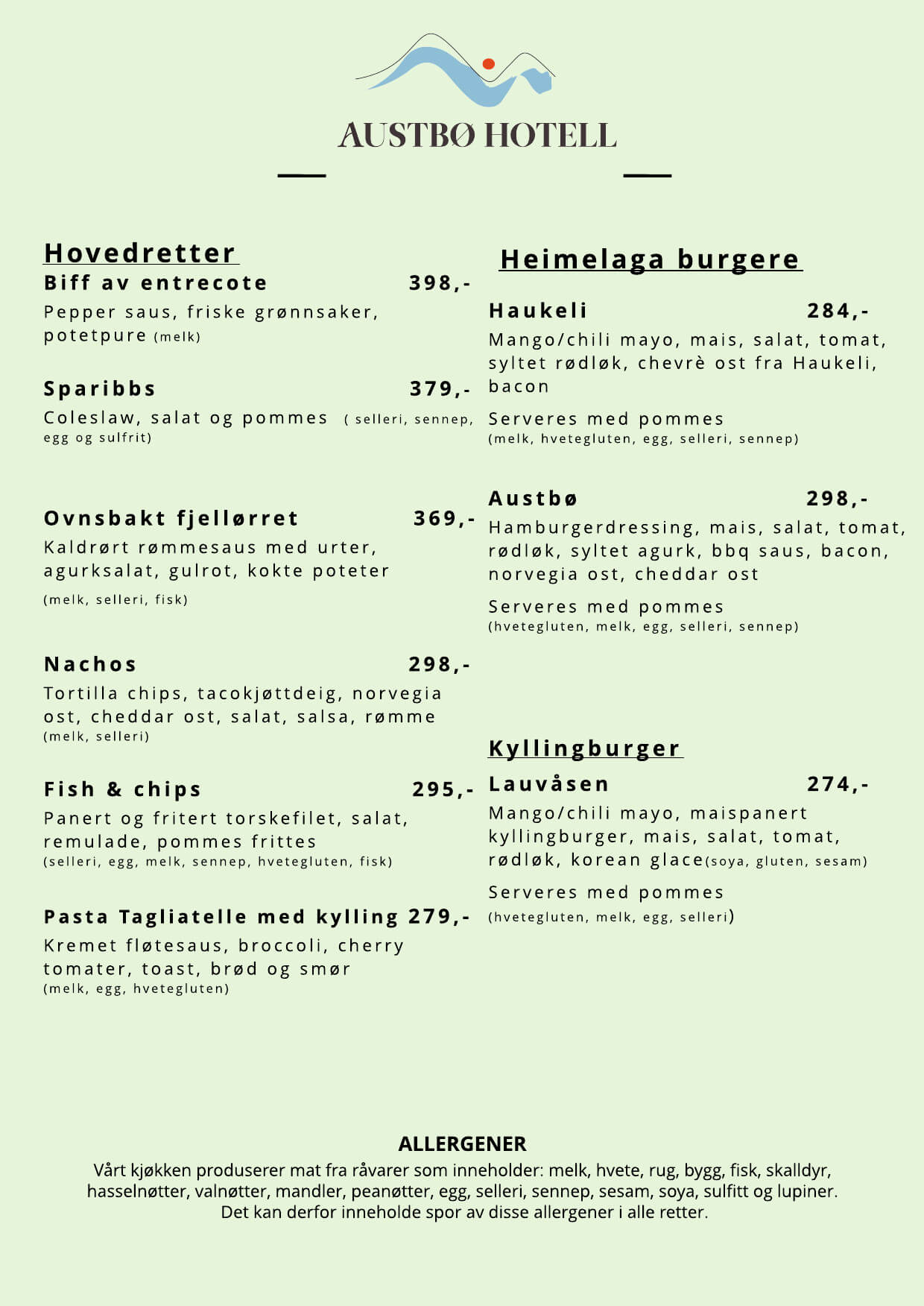 Meny med hovedretter og burgere fra Austbø Hotell, inkludert priser og allergener i norsk språk.