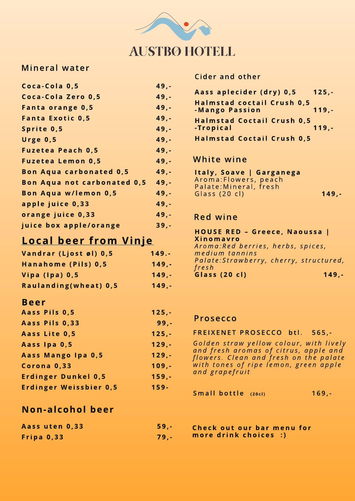 Menyoversikt fra Austbø Hotell med drikkevarer som mineralvann, cider, vin og øl.