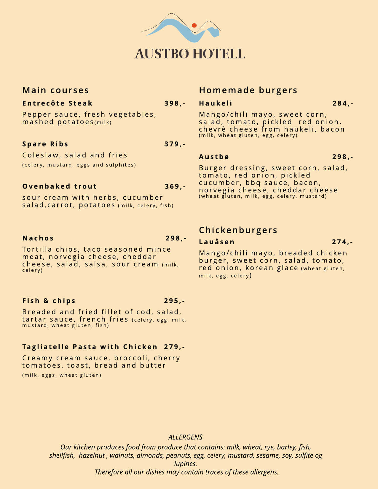 Meny fra Austbø Hotell med hovedretter, burgere og allergeninformasjon på norsk. Fristende retter for alle!