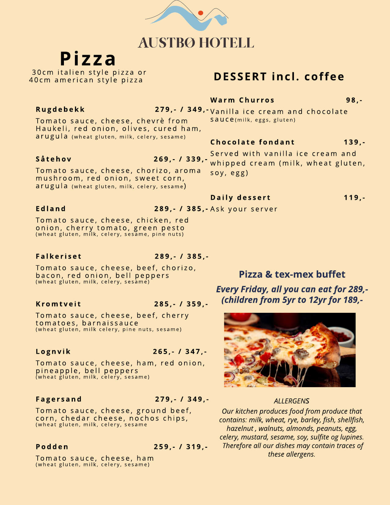 Alt-tekst: Meny for pizza og dessert på Austbø Hotell, med forskjellige varianter og priser.