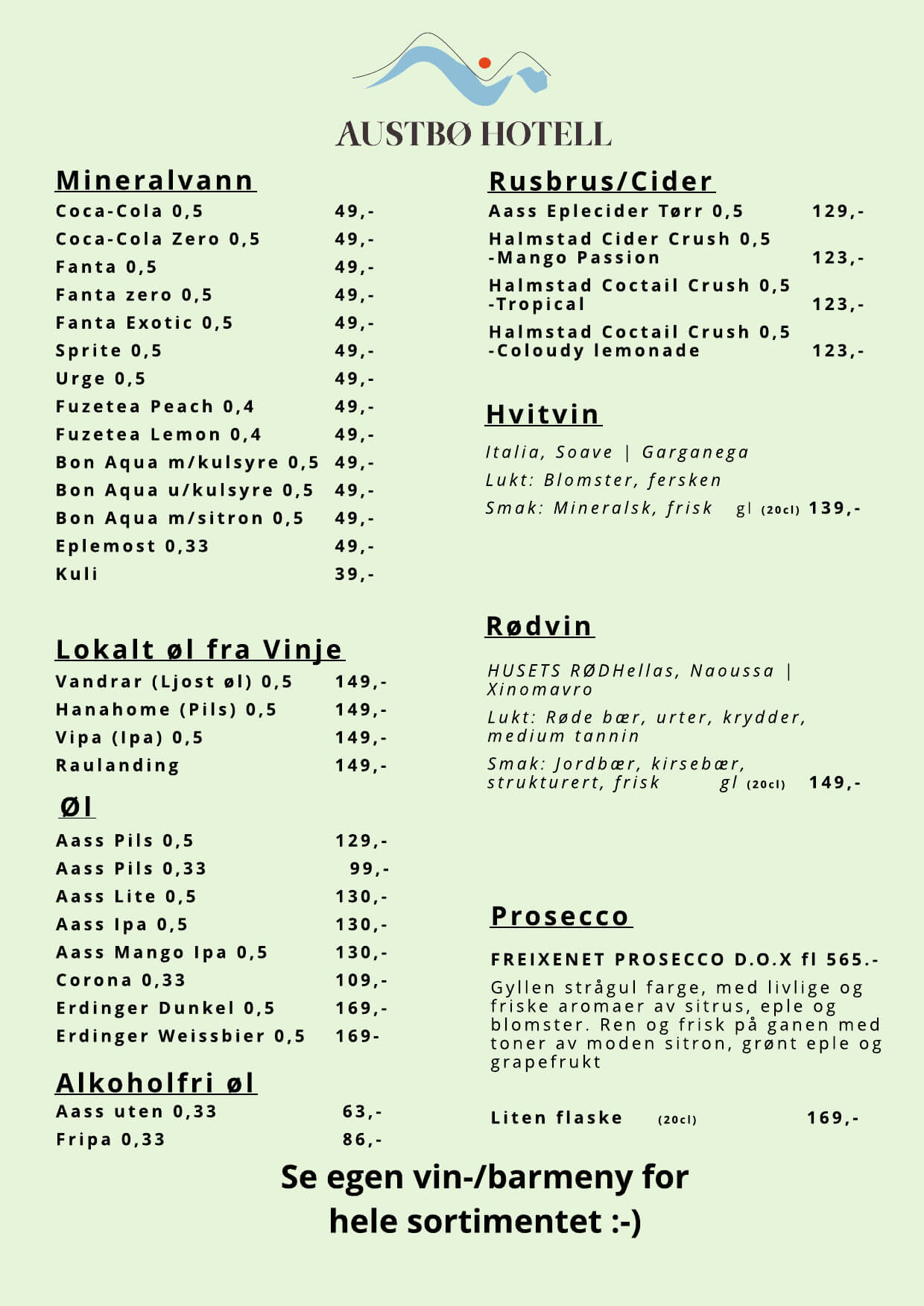 Meny med drikkevarer fra Austbø Hotell, inkludert mineralvann, cider, vin og øl.