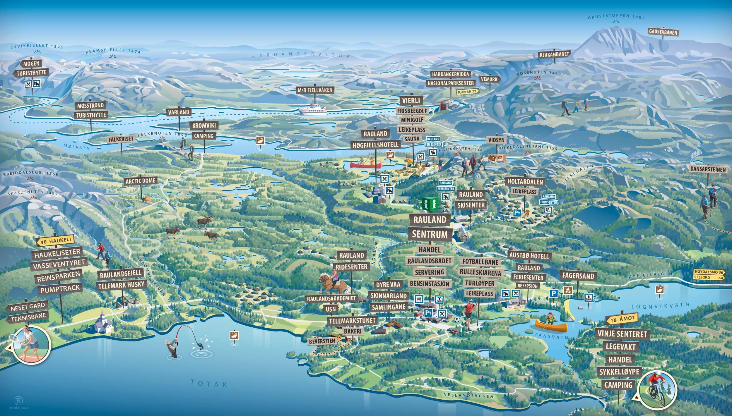 Kart over Rauland med aktiviteter, overnatting og severdigheter i vakker natur. Ideelt for friluftsliv og ferieplanlegging.
