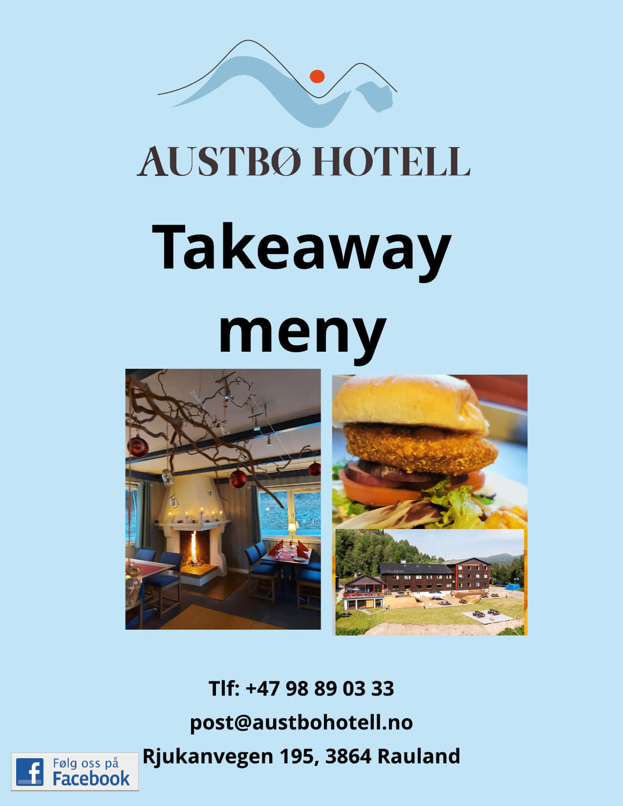 Alt-tekst: Takeaway-meny fra Austbø Hotell med bilder av mat, restaurantinteriør og hotellets fasade i Rauland.