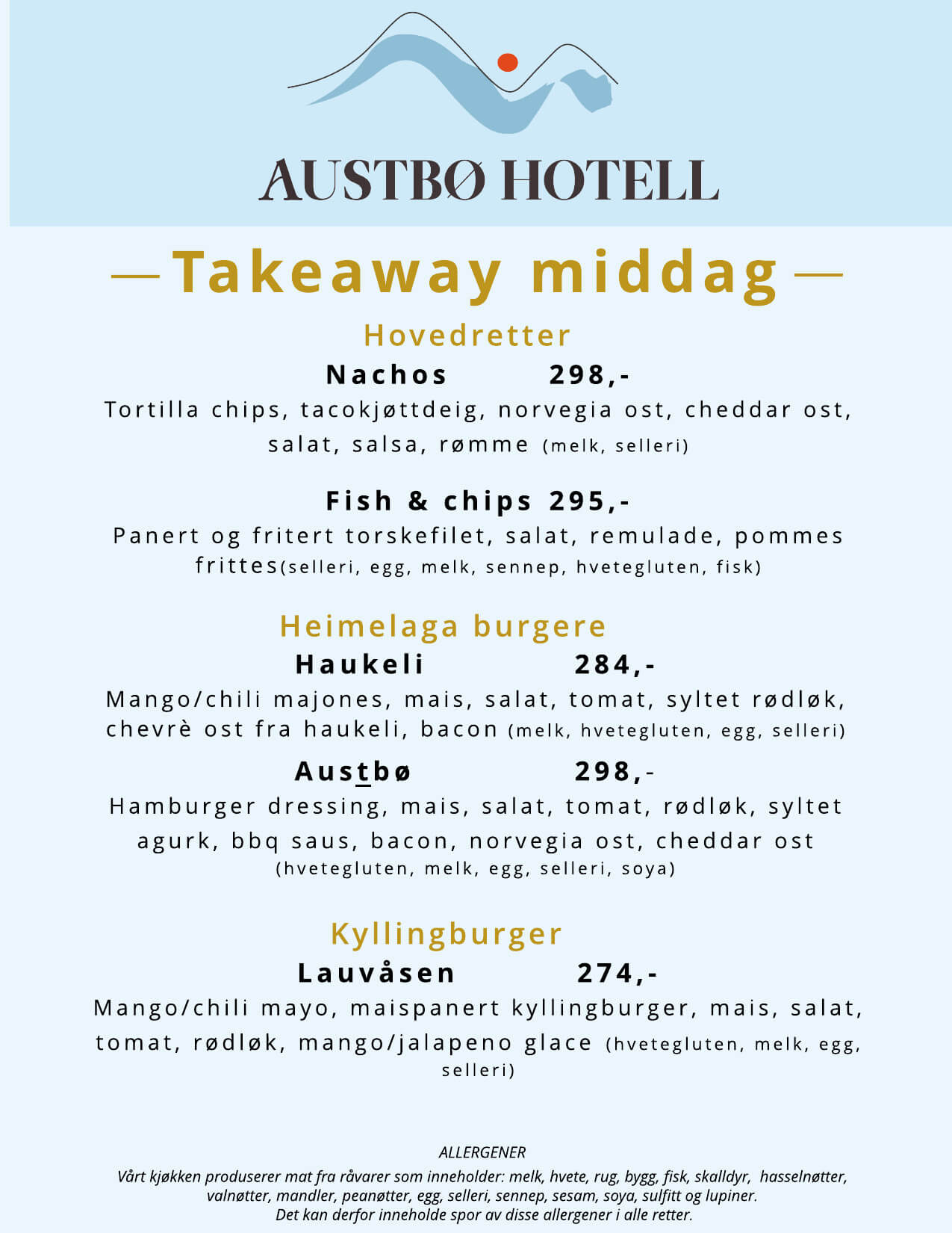 Takeaway-meny fra Austbø Hotell, med nachos, fish & chips og hjemmelagede burgere. Allergener spesifisert.