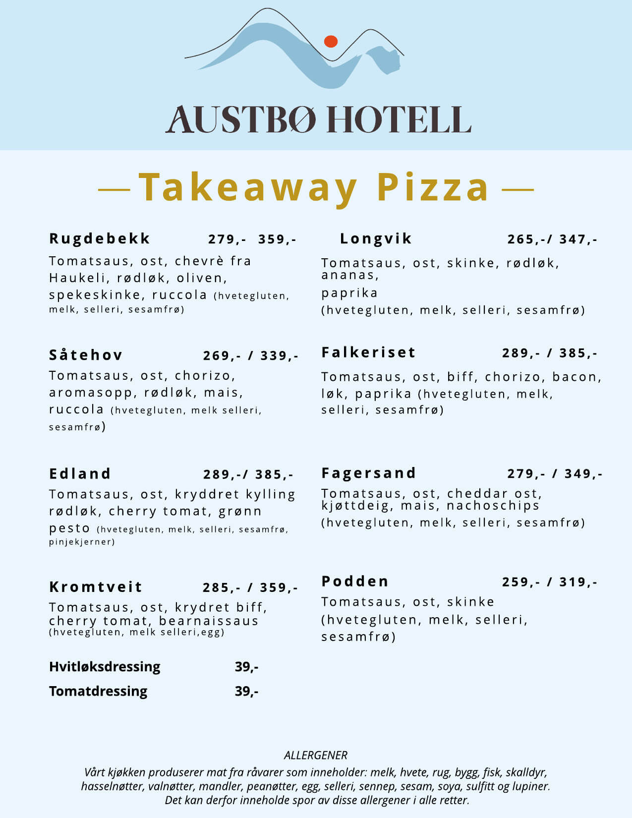 Takeaway pizza-meny fra Austbø Hotell med priser og ingredienser i norsk.