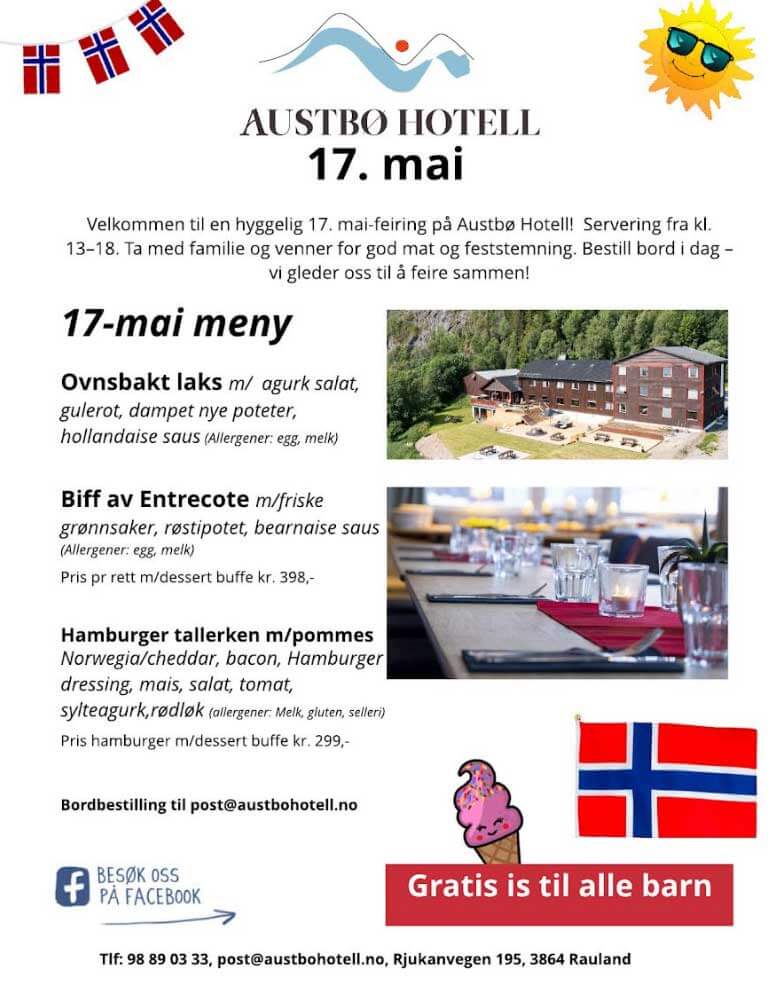 Alt-tekst: Plakat for 17. mai-feiring på Austbø Hotell med meny og informasjon om festligheter og gratis is til barn.