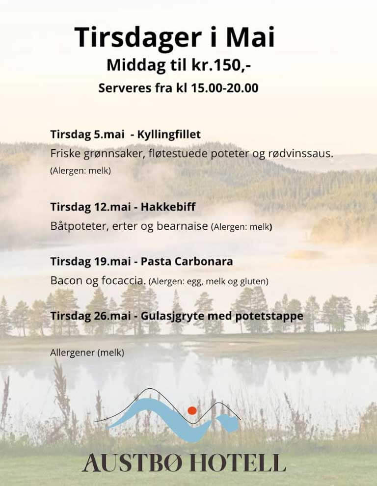Ukentlige middager på Austbø Hotell i mai med varierte retter og allergeninformasjon.