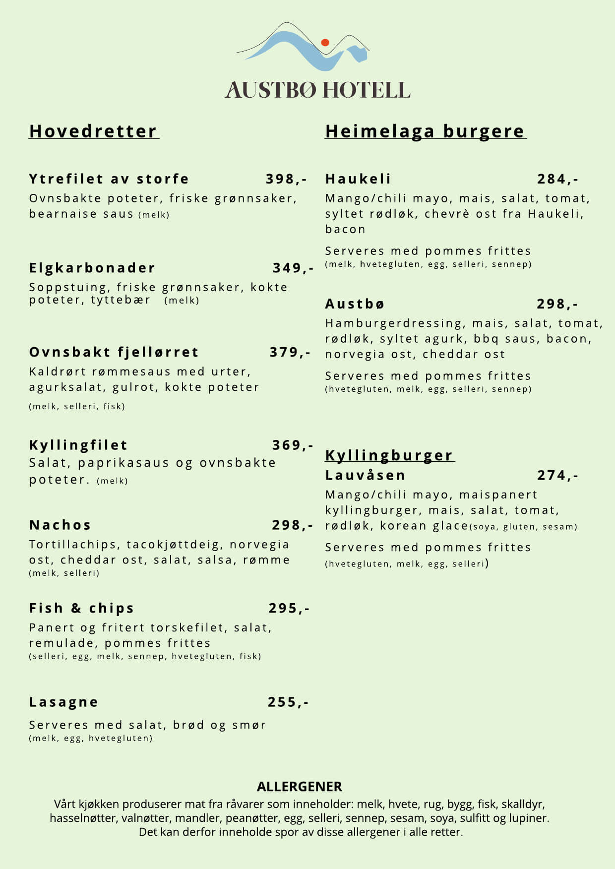 Meny med hovedretter og hjemmelagde burgere fra Austbø Hotell, inkludert priser og ingredienser.