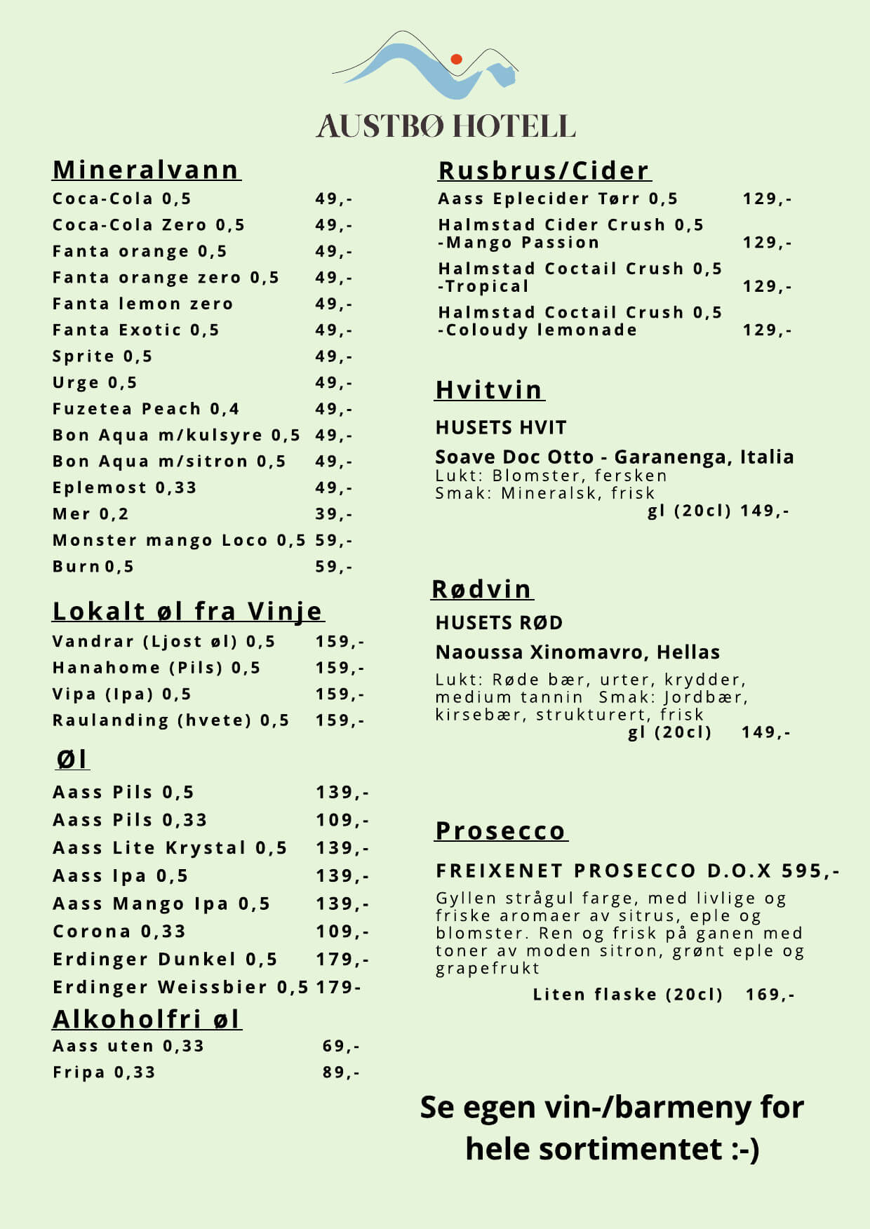 Alt-tekst: Drikke meny ved Austbø Hotell med mineralvann, cider, vin og øl, viser priser og beskrivelser av drikkevarer.