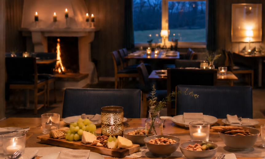 Hyggelig restaurantinnredning med stearinlys, deilig mat og en varm peis, perfekt for en koselig middag.