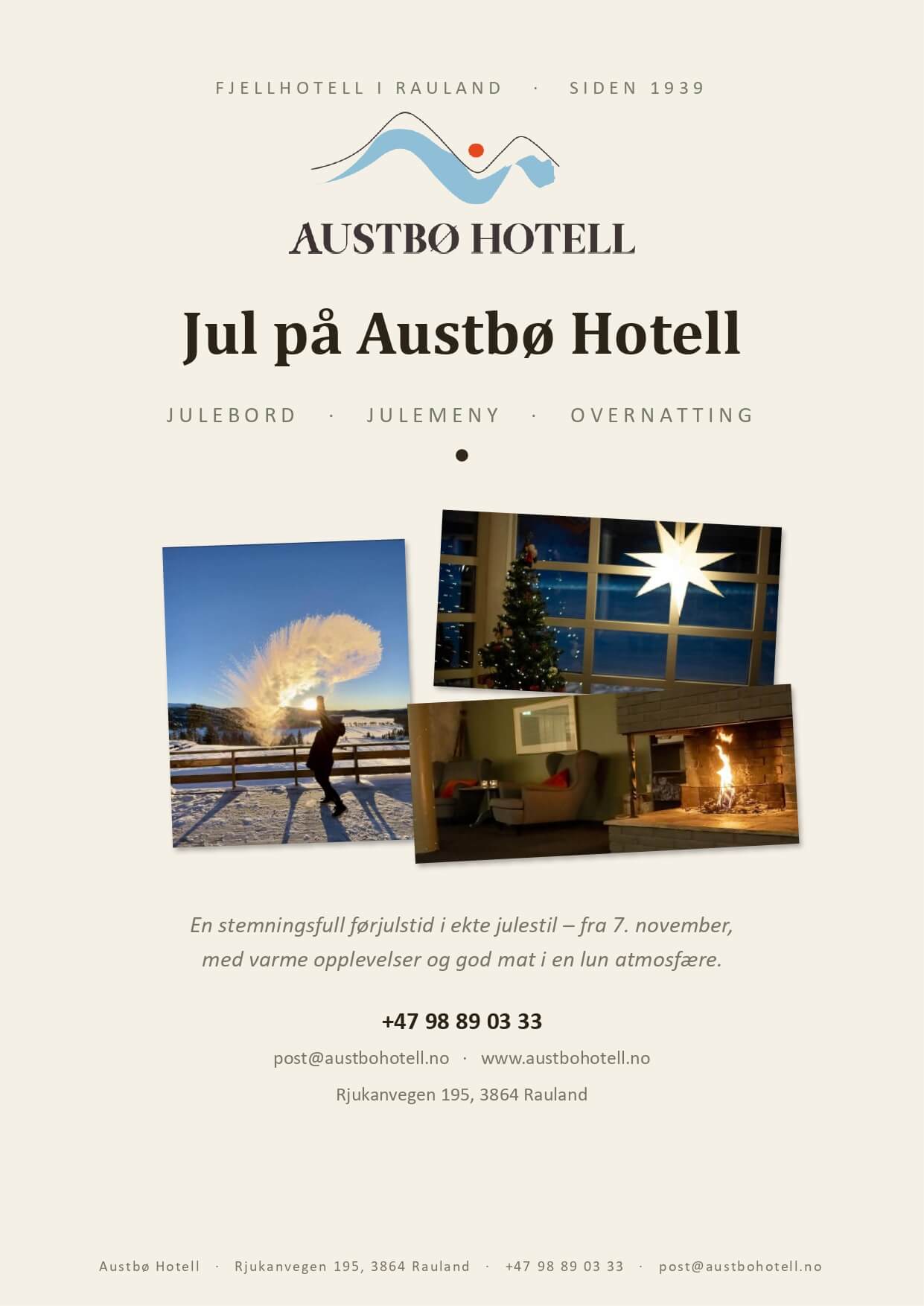 Jul på Austbø Hotell: Julebord, julemeny og koselig overnatting i naturskjønne omgivelser fra 7. november.
