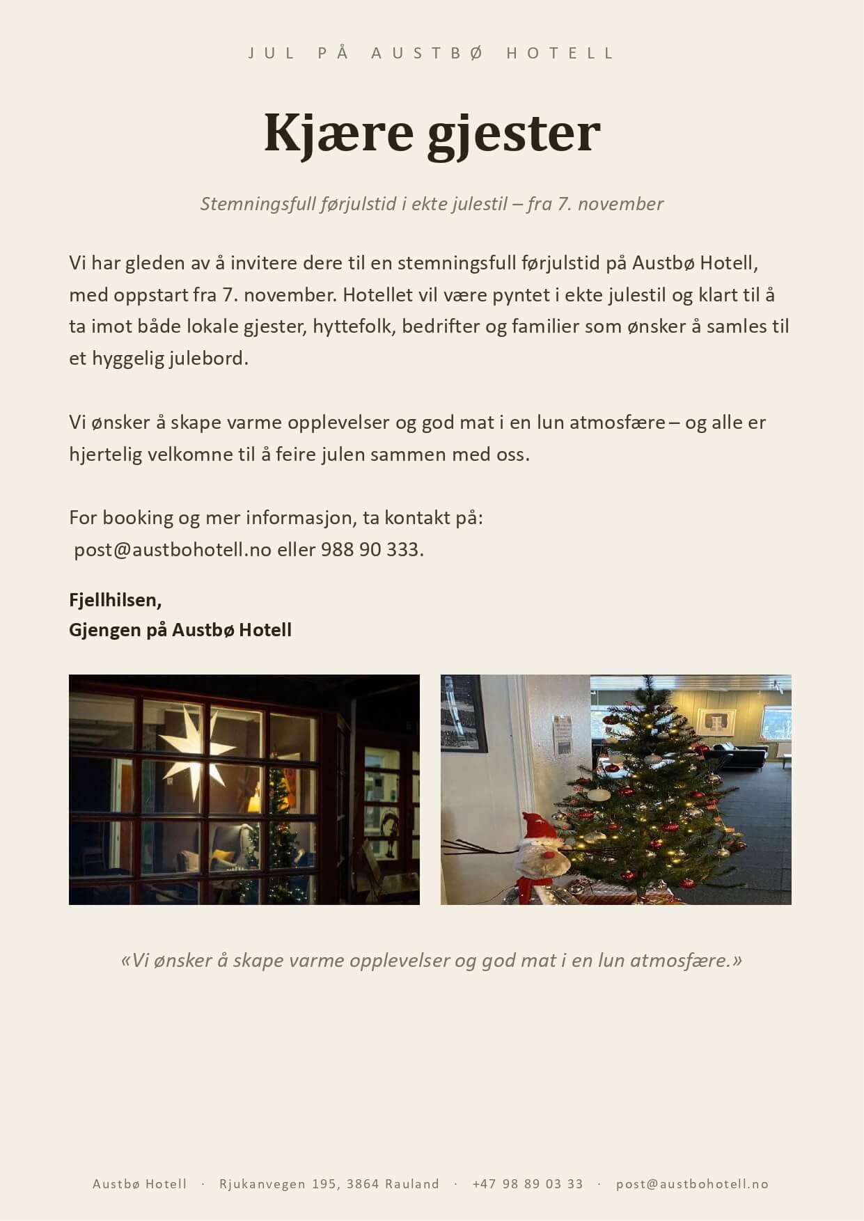 Alt-tekst: Invitasjon til juletid på Austbø Hotell, med fokus på gjestfrihet og hyggelige opplevelser fra 7. november.