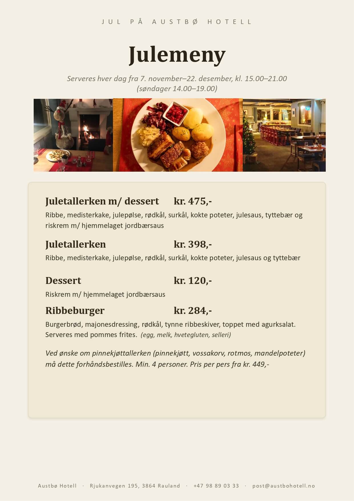 Alt-tekst: Julemeny fra Austbø Hotell med juletallerken, dessert og ribbeburger, servert i koselig restaurantmiljø.