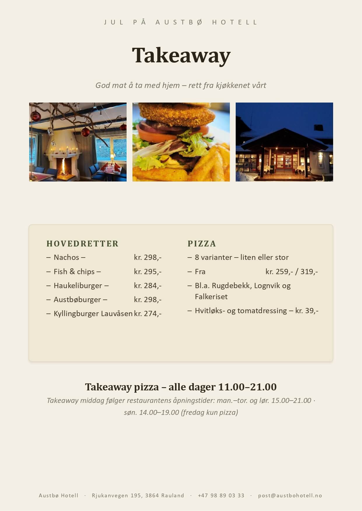 Alt-tekst: Takeaway meny med hovedretter og pizza fra Austbø Hotell, tilgjengelig hver dag kl. 11.00-21.00.
