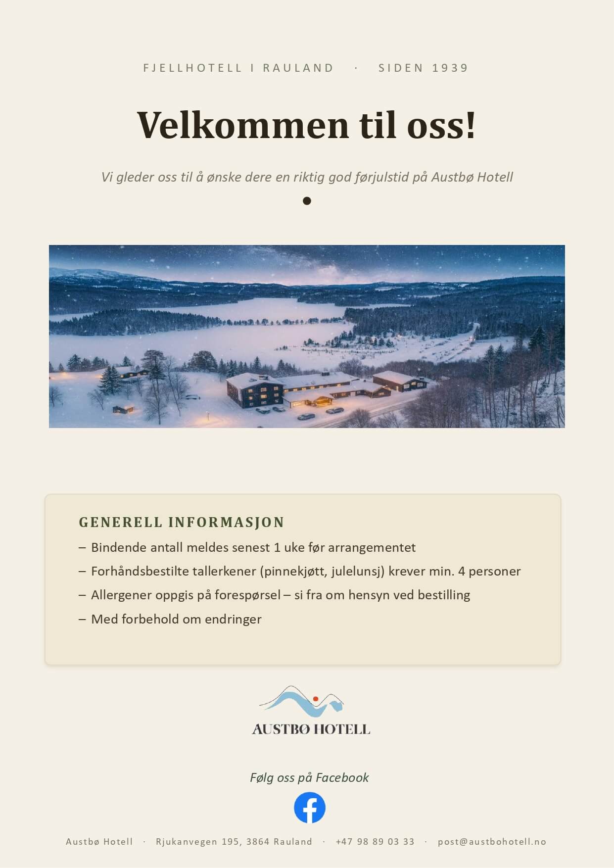 Alt-tekst: Velkommen til Austbø Hotell i Rauland, med vakker vinterutsikt og informasjon om arrangementer.