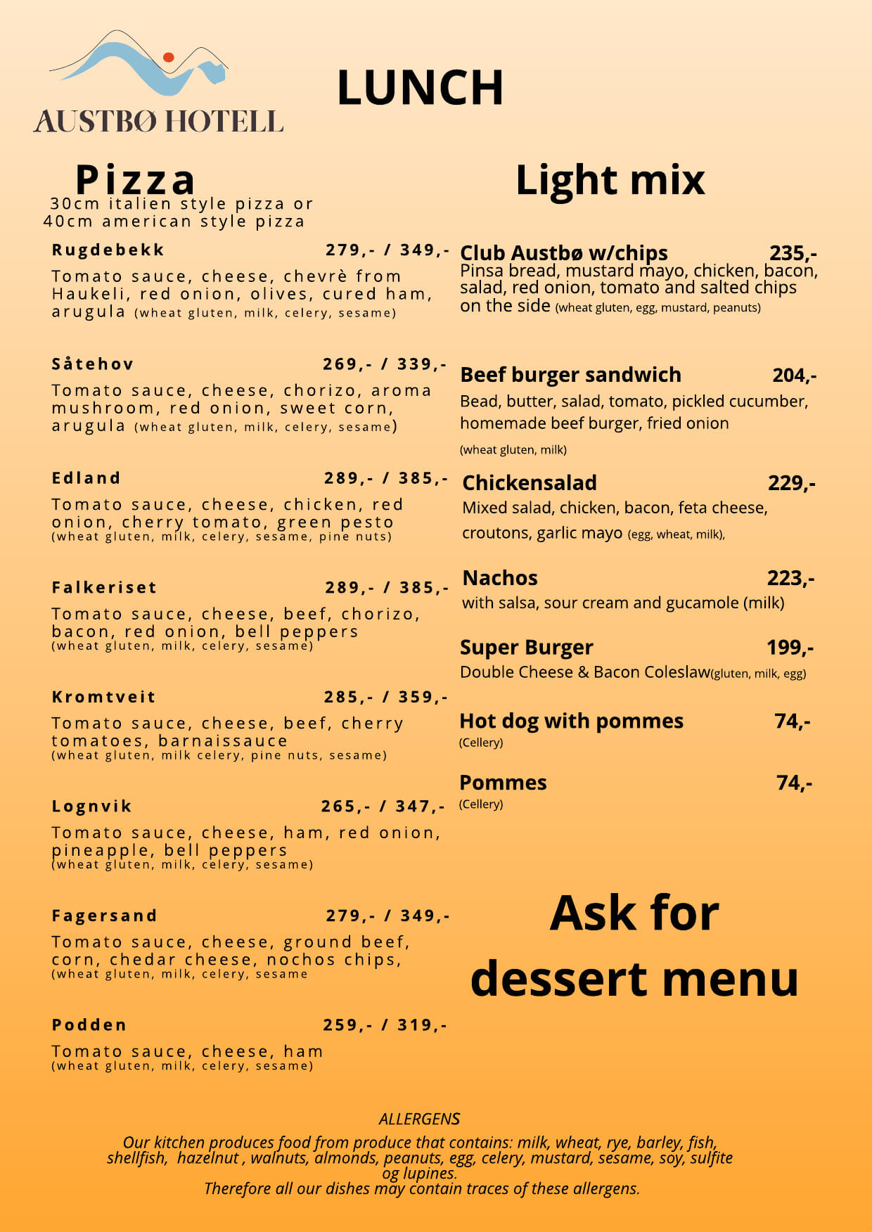 Alt-tekst: Frokostmenu kl. Austbø Hotell med pizza, burgere og salater samt allergiinformation.