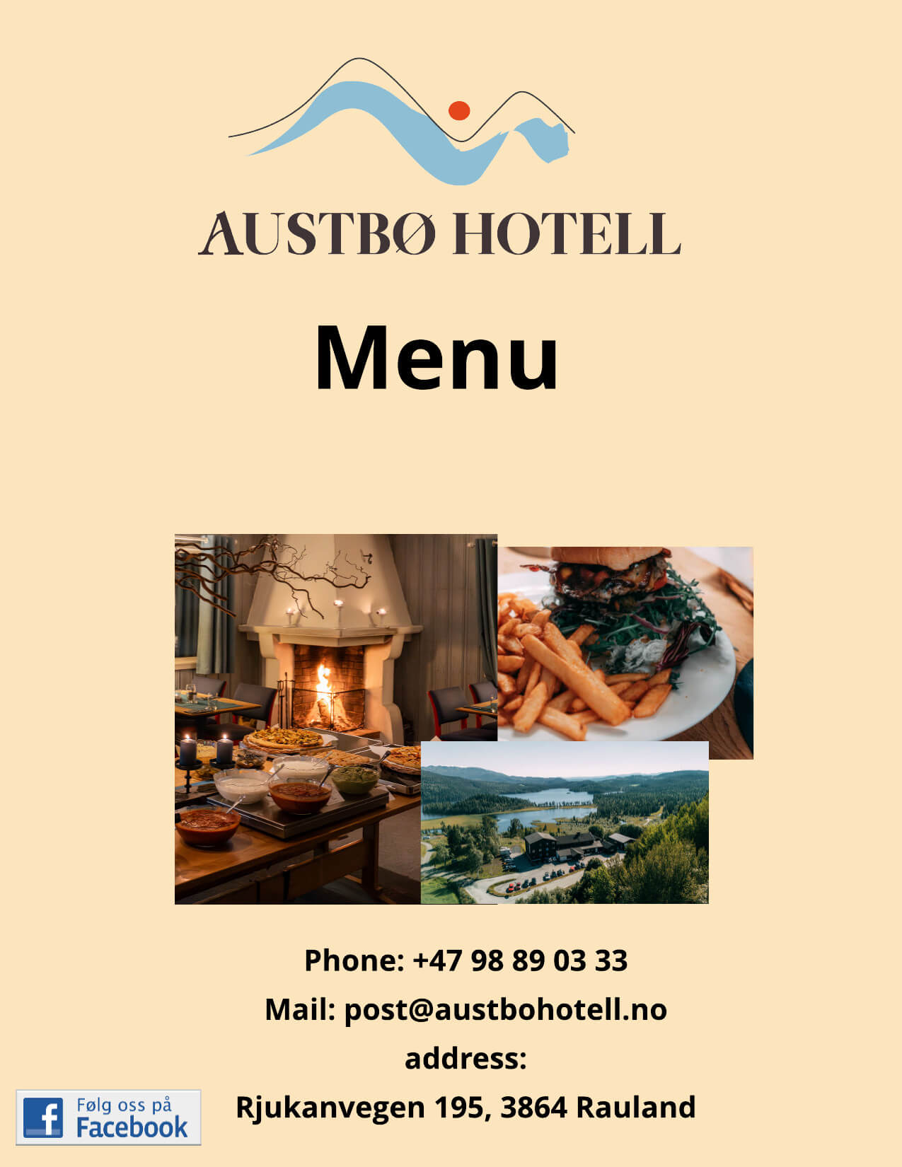 Alt-tekst: Meny og kontaktinformasjon for Austbø Hotell med bilder av mat og landskap.