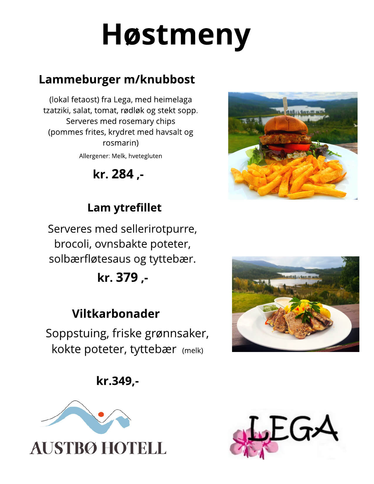 Alt-tekst: Høstmeny med lammeburger, lam ytrefilét og viltkarbonader, servert med tilbehør fra Austbø Hotell.