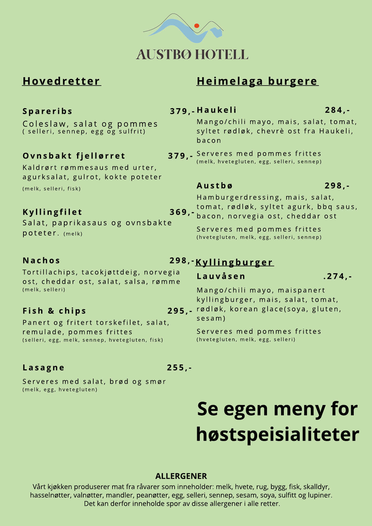 Meny for hovedretter og heimelaga burgere på Austbø Hotell med priser og allergener.