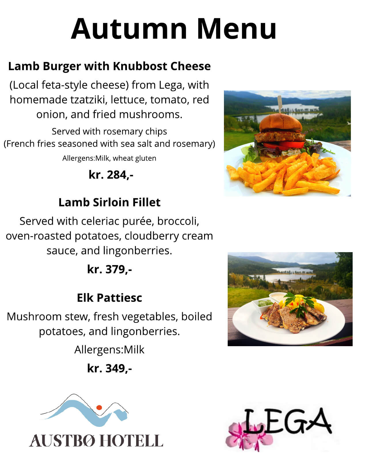 Alt-tekst: Høstmeny med lammeburger, lammesirloin og elgpølse fra Austbø Hotell, med vakker utsikt.
