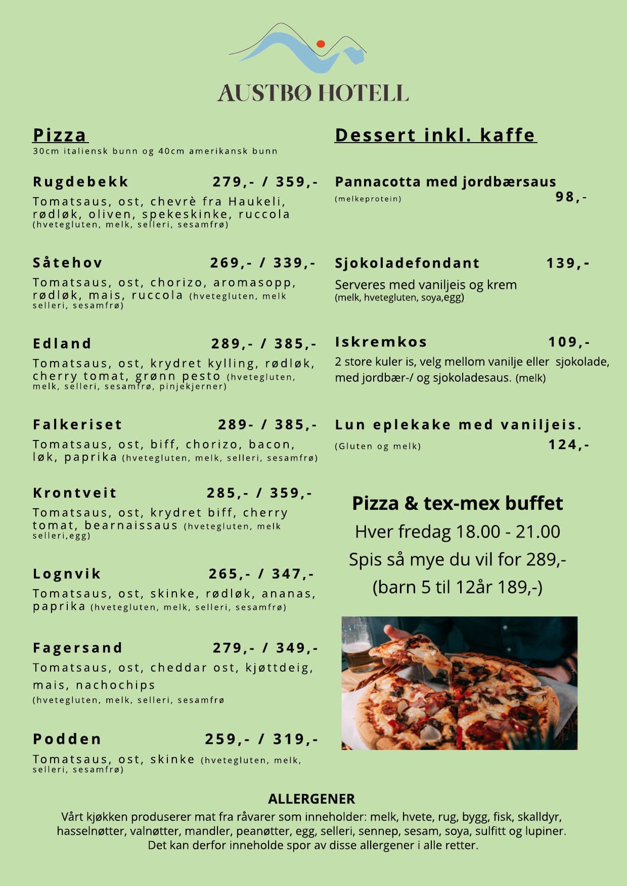 Menyoverblikk fra Austbø Hotell med pizza og dessertalternativer. Fremhever deilige retter og priser.