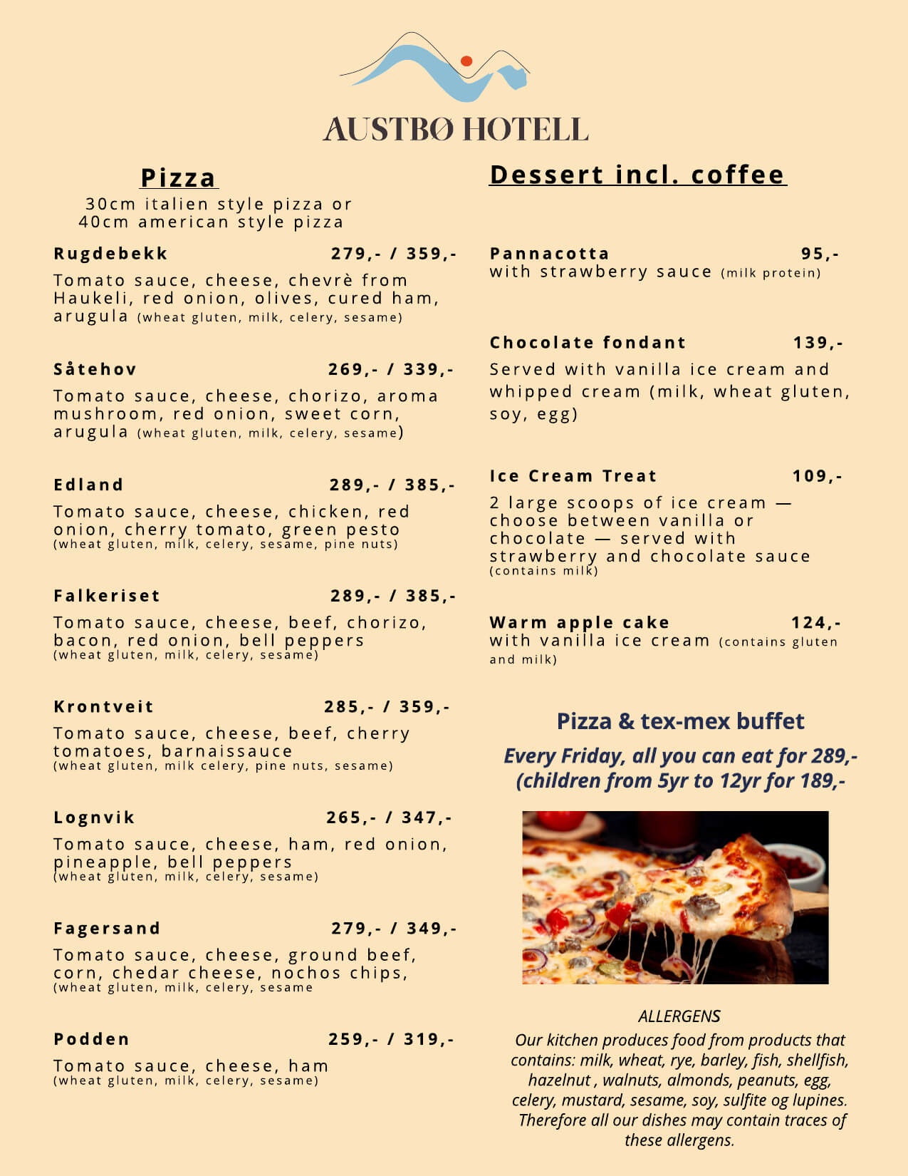 Alt-tekst: Meny fra Austbø Hotell med pizza og desserter inkludert kaffe, inkludert allergeninformasjon.