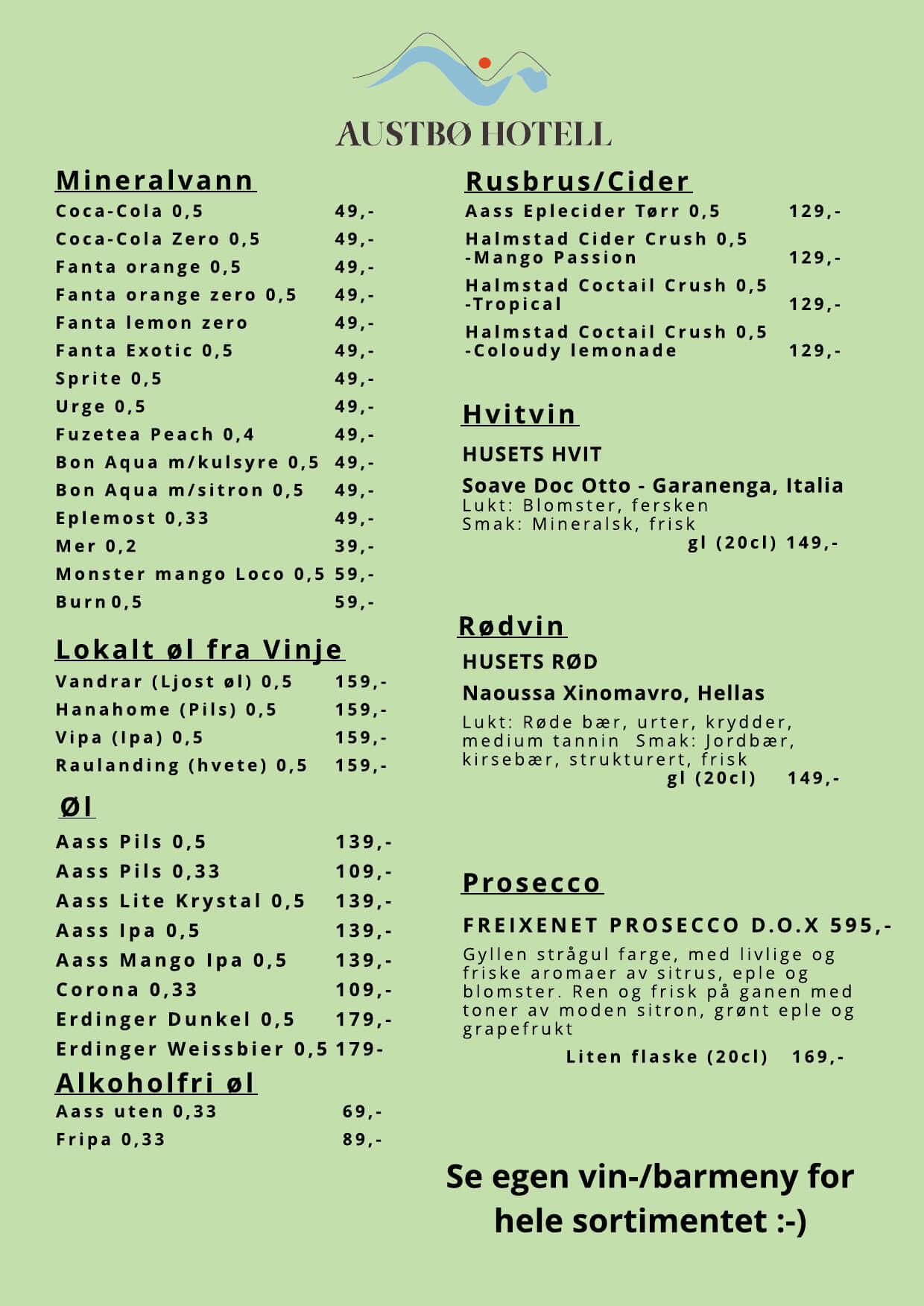 Alt-tekst: Drikkemeny fra Austbø Hotell med mineralvann, rusbrus, hvitvin, rødvin, øl og alkoholfri alternativer.