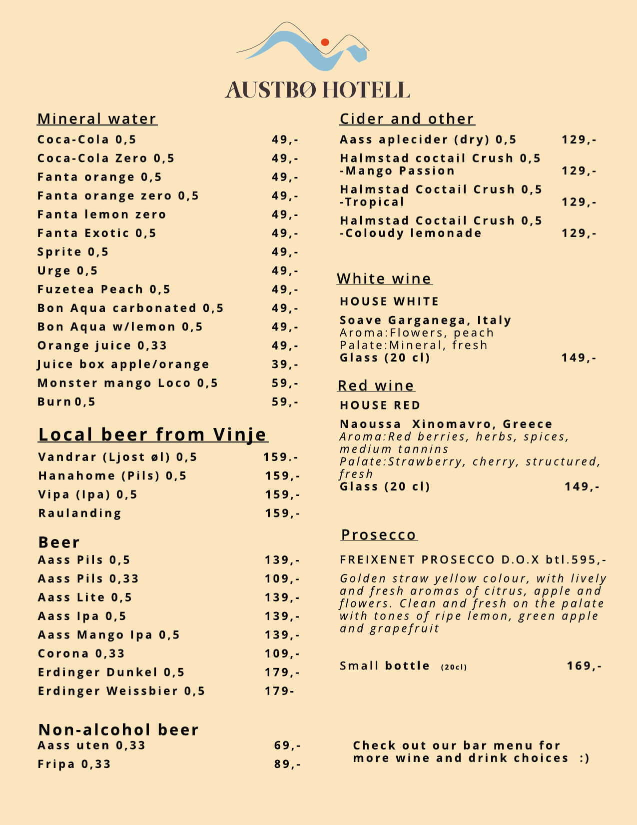 Meny med drikkevarer på Austbø Hotell, inkludert mineralvann, øl, vin og cideralternativer.