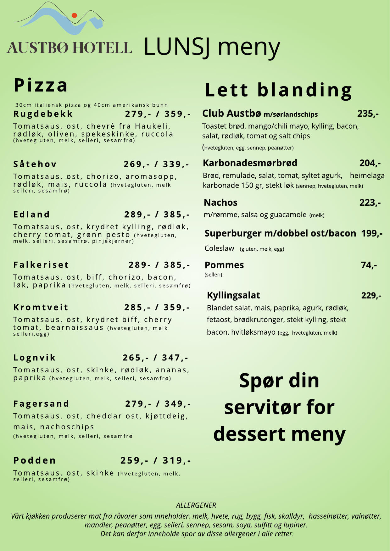 Alt-tekst: Frokostmenu fra Austbø Hotell med et udvalg af pizzaer, salater og hovedretter, inklusive allergener.