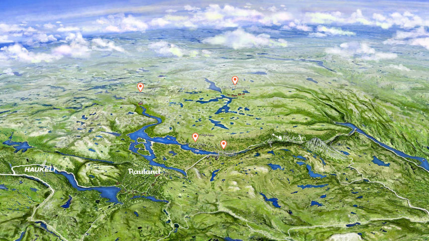 Flyfoto av norsk høyland med innsjøer og fjell, viser ruter til turisthytter i regionen Haukelifjell-Rauland.